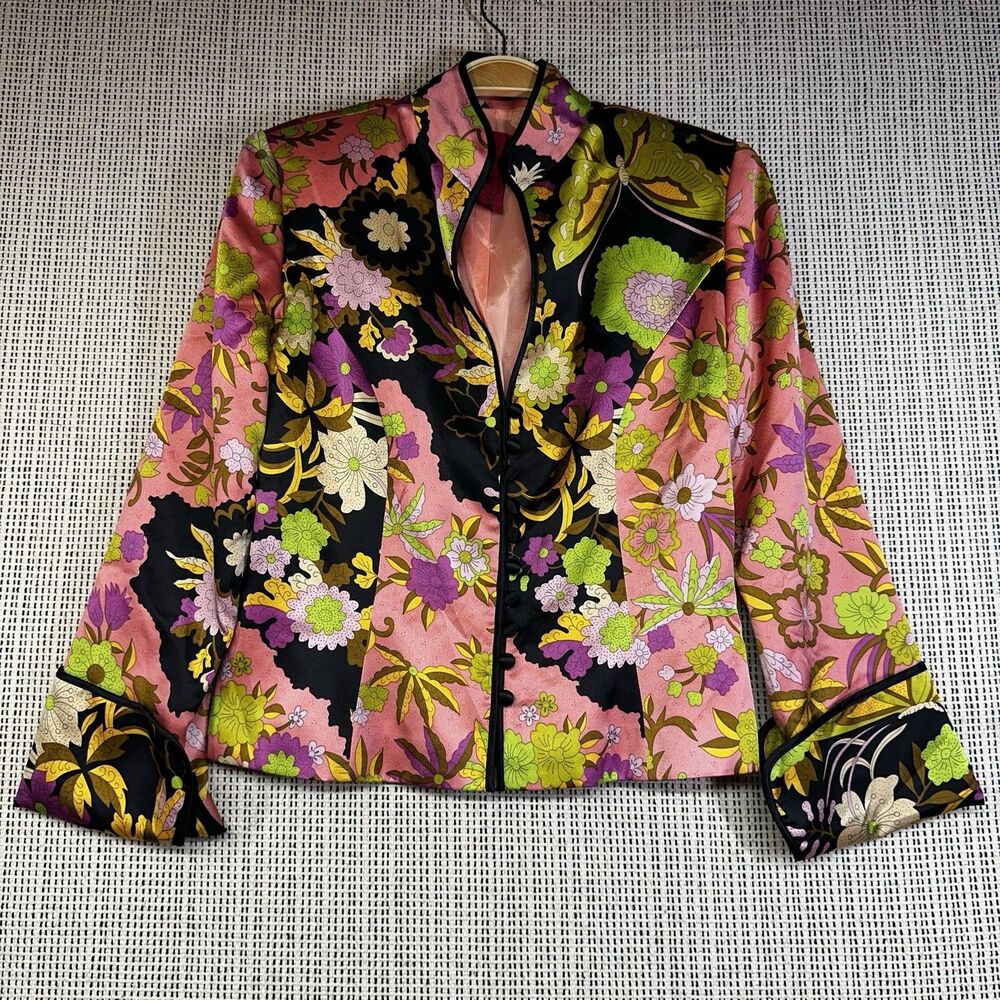 Y2K JS Collections Floral Satin Jacket Sz 8 Psychedelic 70s Mod Bell Sleeve